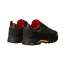 A pair of Men’s Verto GORE-TEX Alpine Shoes by The North Face in olive green, black, and red. This waterproof hiking footwear features rugged black Vibram outsoles with yellow accents, shown from a rear three-quarter angle against a white background.