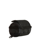 The North Face Base Camp Mini Duffel is a small, black cylindrical keychain bag with a zipper, side strap, and clip. Embossed with The North Face logo on one end and inspired by the iconic Base Camp Mini Duffel design, this compact accessory is perfect for keeping your essentials organized. Isolated on a white background.
