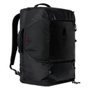 A black Great Outdoors Base Camp Boot Bag with padded straps, multiple compartments, and a sleek, durable design—perfect for carrying your snowboarding boots. The logo appears subtly on the front, and the bag stands upright against a white background.