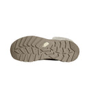 The North Face Womens ThermoBall Leather Waterproof Boot is pictured with its beige sole displayed from the bottom, showcasing deep angular tread patterns and a small mountain-shaped logo in the center against a white background.