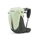 The Rab Airox ND22L Day Pack in light green with a black base features mesh side pockets, multiple zippered compartments with orange zipper accents, and padded shoulder straps along with a ventilated AEROFIT back system. Shown against a white background, this women’s hiking backpack from Rab is the ideal choice for your outdoor adventures.