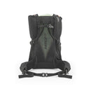 A black Rab Airox ND22L Day Pack for women is shown from the back, featuring padded shoulder straps, a sternum strap, a ventilated AEROFIT back system for improved airflow, and a padded hip belt with buckle. This hiking backpack is designed by Rab specifically for women’s comfort on the trail.