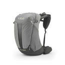A Rab Airox ND22L Day Pack in grey, designed for women, featuring multiple compartments, padded shoulder straps, and a ventilated AEROFIT back system for enhanced comfort, is displayed upright against a white background.