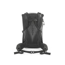 A black Rab Airox ND22L Day Pack for women is displayed from the back, highlighting its padded shoulder straps, ventilated AEROFIT back system, and hip belt with a buckle. The structured and ergonomic design makes this Rab women’s hiking backpack comfortable to carry.