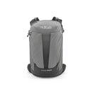 A gray and black Rab Airox ND22L Day Pack for women stands upright on a white background, displaying its front design, zippers, and straps. This hiking backpack is equipped with a ventilated AEROFIT back system to provide comfort and support on the trail.