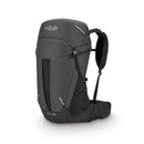A black Rab Airox 30L Hiking Pack with multiple compartments, adjustable shoulder straps, and a white Rab logo on top. Designed for outdoor use with a structured and durable build, this ventilated hiking backpack features the innovative AEROFIT back system to provide exceptional breathability and comfort throughout your adventures.