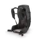 A Rab Airox 30L Hiking Pack in black is displayed upright, showcasing padded shoulder straps, a ventilated back panel with the advanced AEROFIT back system, and a robust hip belt for added support. This ventilated hiking backpack by Rab features multiple compartments and adjustment straps for versatility.