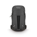 A Rab Airox 30L Hiking Pack in dark gray, featuring multiple compartments, side pockets, and the Rab logo on top. This ventilated hiking backpack incorporates an advanced AEROFIT back system and is displayed against a white background.