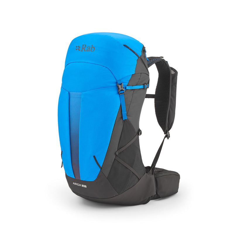 A blue and black Rab Airox 30L Hiking Pack equipped with padded shoulder straps, a spacious main compartment, side pockets, and a hip belt. This ventilated backpack includes the AEROFIT back system for improved comfort and breathability, with the Rab logo displayed near the top.