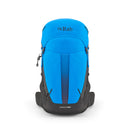 A bright blue and black ventilated Rab hiking backpack with branding on the top flap and “Airox 30L” on the bottom front, featuring an AEROFIT back system for enhanced comfort; shown standing upright against a white background.