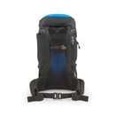 A Rab Airox 30L Hiking Pack in black and blue, featuring padded shoulder straps, an advanced AEROFIT mesh back panel, adjustable sternum strap, and a wide hip belt with buckle. Shown standing upright and facing forward, this ventilated hiking backpack from Rab is designed for all-day comfort and breathability on your adventures.