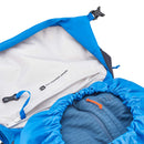 Open blue Rab Airox 30L Hiking Pack with a zippered inner pocket, revealing a blue fabric item inside and an inner flap label that reads “The mountain people.” This ventilated hiking backpack by Rab features the innovative AEROFIT back system for enhanced comfort on the trail.