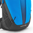 Close-up of the lower section of the Rab Airox 30L Hiking Pack, showcasing its blue and black color scheme with “AIROX 30” printed near the bottom. The durable fabric construction includes mesh and zippered side pockets. Designed for long treks, this ventilated hiking backpack features Rab’s AEROFIT back system to enhance comfort on your journey.