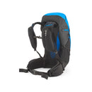 A Rab Airox 30L Hiking Pack in blue and black, featuring padded shoulder straps, a hip belt, and a ventilated back panel with the innovative AEROFIT back system, is displayed standing upright on a white background. This Rab hiking backpack delivers comfort and breathability for every adventure.