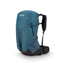 The Rab Airox 30L Hiking Pack features padded shoulder straps, a spacious main compartment, side pockets, adjustable buckles, and an AEROFIT back system for superior comfort. This ventilated hiking backpack is displayed upright against a white background.