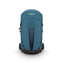 A blue Rab Airox 30L Hiking Pack stands upright against a white background, prominently displaying its front pocket, zippers, and Rab logo. This ventilated hiking backpack features the advanced AEROFIT back system, ensuring a comfortable fit with optimal airflow for outdoor adventures.