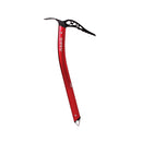 Red ice axe with black handle on a white background