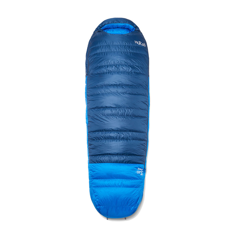 Rab Ascent Down Sleeping Bag -18°C full length view, Tempest Blue