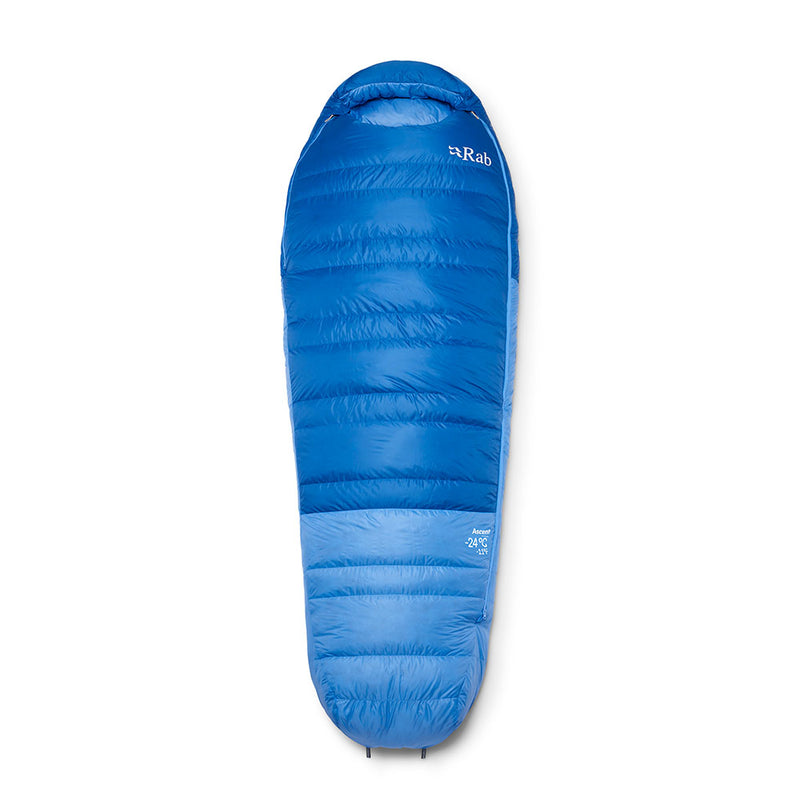 Women's blue Rab minus 24 degree down sleeping bag (marked as the "ascent series" on a white background.