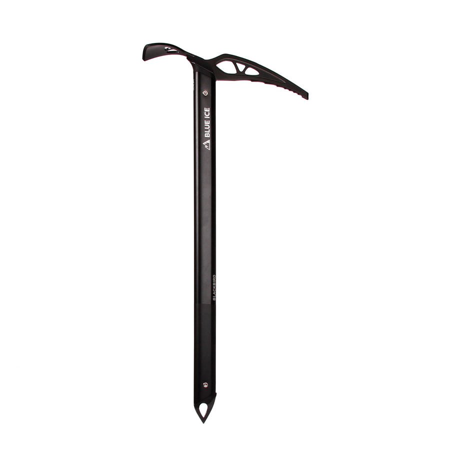 Black ice axe with a visible Blue Ice brand logo on a white background