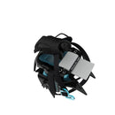 Black and blue climbing crampons folded down on a white background