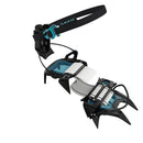 Black crampon with white straps on a white background, featuring Blue Ice branding.