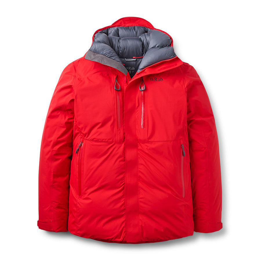 Introducing the Rab Batura Jacket—a vibrant red puffer jacket featuring a gray inner lining, front zipper closure, three zippered pockets, and an adjustable hood. Filled with premium 800FP European goose down for exceptional insulation, this waterproof down jacket is designed to keep you warm and comfortable during cold weather or high-altitude expeditions.