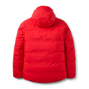 The Rab Batura Jacket is a bright red puffer with a hood, filled with 800FP European goose down for exceptional warmth, displayed from the back against a white background.