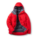 A Rab Batura Jacket in bright red, featuring a gray insulated lining and filled with 800FP European goose down for exceptional warmth on high-altitude expeditions, shown unzipped and opened to reveal the interior against a white background.