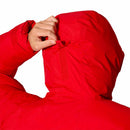 A person wearing the Rab Batura Jacket—a bright red, waterproof down jacket filled with 800FP European goose down and built for high-altitude expeditions—adjusts the hood by pulling a tab at the back, set against a plain white background.