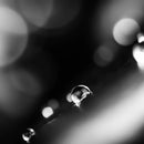 Close-up of a water droplet on a surface with blurred lights in the background