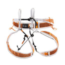 Orange and white climbing harness on a white background