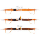 Three horizontal views of a long orange and white strap-like product on a white background, labeled 'Without foam' at the top and 'With foam' at the bottom, showing the product with and without internal foam inserts.