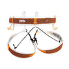 Orange and white climbing harness with 'Petzl' branding on a white background