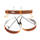 Orange and white climbing harness with 'Petzl' branding on a white background