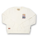 White sweatshirt with colorful graphic on a white background