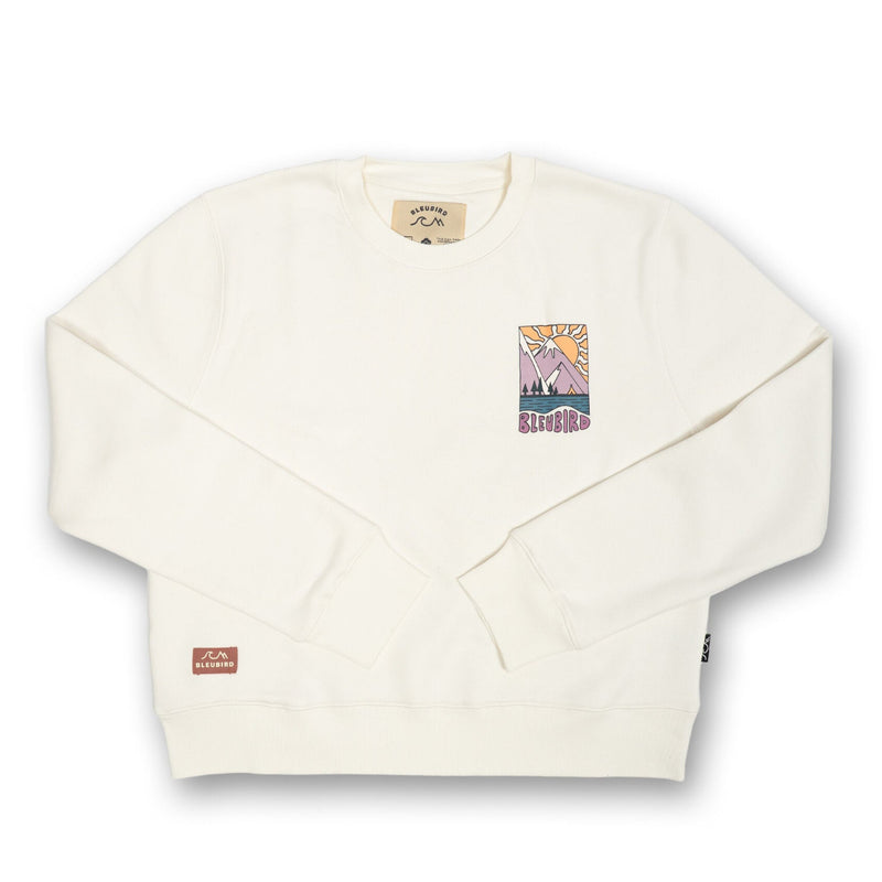 White sweatshirt with colorful graphic on a white background