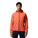 Person wearing an orange jacket with a close-up of fabric texture on a white background