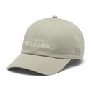 The Columbia Provisions Ball Cap features a beige cotton construction with a curved brim, white embroidered Columbia logo on the front, and a small binoculars icon embroidered on the side. An adjustable back closure ensures a comfortable fit, making this ball cap a functional yet stylish accessory that showcases classic Columbia flair.