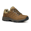 Introducing the Scarpa Women’s Cyrus 2 GTX: a rugged black and brown leather walking shoe designed for outdoor adventures. Featuring a textured leather upper, reinforced toe, durable metal eyelets, and tan laces, these waterproof hiking shoes keep your feet dry and secure on every journey.