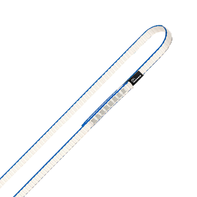 DMM Climbing sling with blue and white color scheme on a white background