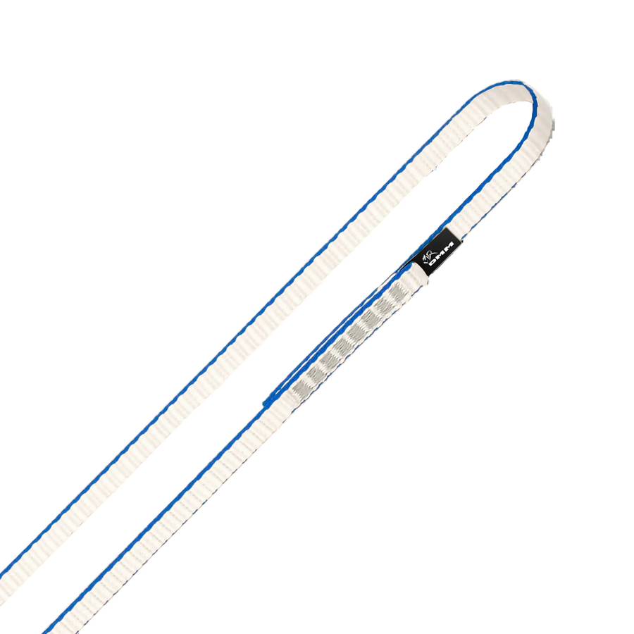 DMM Climbing sling with blue and white color scheme on a white background