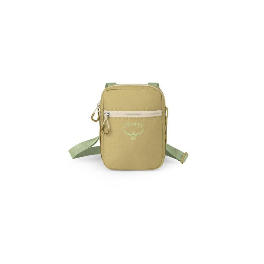 Beige Osprey Daylite Small Crossbody Bag in recycled fabric with a front zippered pocket and an adjustable shoulder strap.