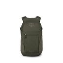 Olive green Osprey Daylite Plus backpack with a front zippered pocket and shoulder straps.