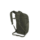 The back of this olive green Osprey Daylite Plus Backpack features a mesh panel, adjustable shoulder straps, and a sternum strap.