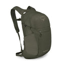 Olive green Osprey Daylite Plus Backpack featuring a zippered front pocket and mesh-lined shoulder straps.