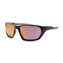 Black sunglasses with red-tinted lenses on a white background