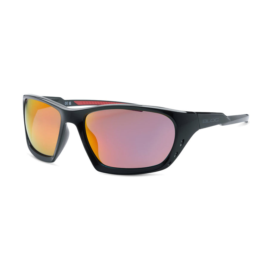 Black sunglasses with red-tinted lenses on a white background