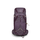 An Osprey Eja 38 Ultralight Backpack for women, shown upright against a plain white background. This purple pack features multiple straps, buckles, and compartments, with the “EJA 38” label near the bottom front. Equipped with Osprey’s innovative AirSpeed Suspension system for enhanced comfort, it is designed specifically for backpacking.