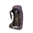 The Osprey Eja 38 Ultralight Backpack, a purple women’s backpacking pack with padded shoulder straps, an AirSpeed Suspension mesh back panel, hip belt, and multiple adjustment buckles, stands upright on a white background.